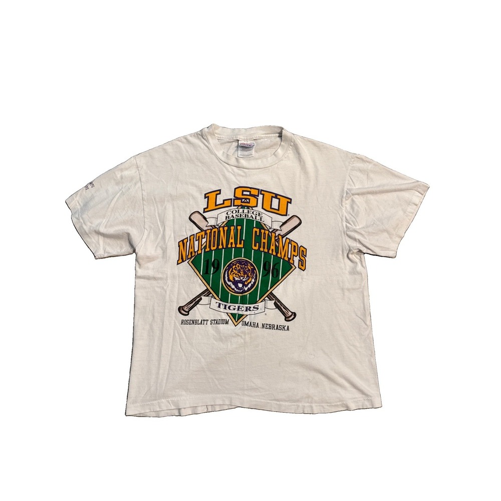 Vintage 1996 LSU Tigers College Baseball National Champions T shirt White Size L